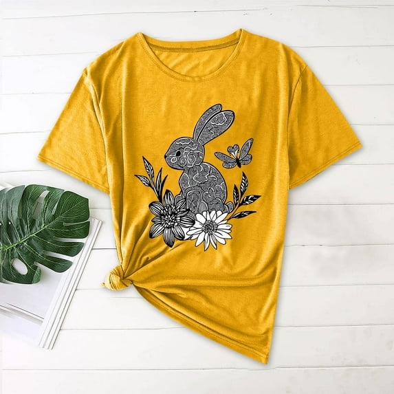 Rciityk Happy Easter Short Sleeve Shirts for Women Trendy Cute Rabbits Graphic T Shirts Casual Loose Crew Neck Summer Tops