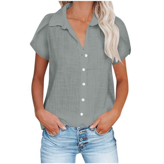 Rciityk Linen Button Up Shirts for Women Solid Color Short Sleeve Business Casual Summer V Neck Work Tops