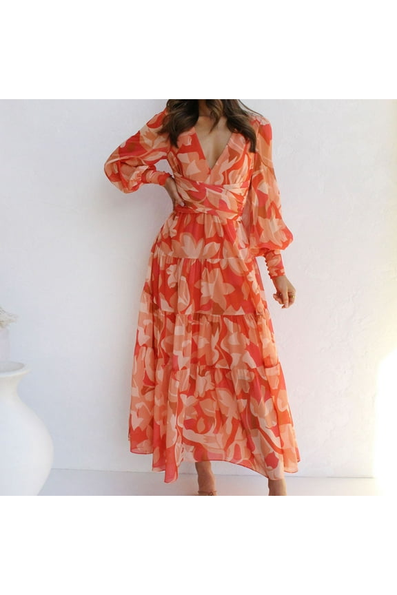 Maxi Dresses for Women Casual Floral Deep V Neck Long Sleeve Spring Fall Boho Dresses Wedding Guest Holiday Beach Long Dress
