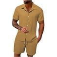 thumbnail image 1 of Rciityk Men's 2 Piece outfits Cotton Linen Set Solid Turndown Collar Button T Shirts and Drawstring Elastic Wais Shorts Summer Casual Beach Outfits, 1 of 7