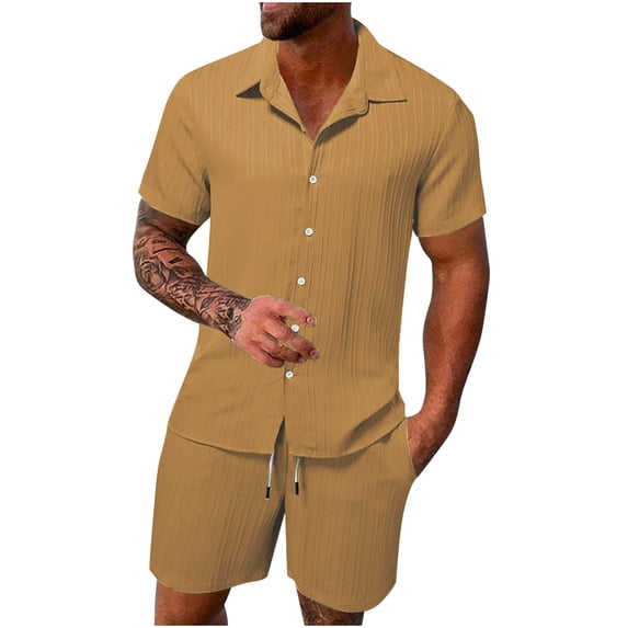Rciityk Men's 2 Piece outfits Cotton Linen Set Solid Turndown Collar Button T Shirts and Drawstring Elastic Wais Shorts Summer Casual Beach Outfits