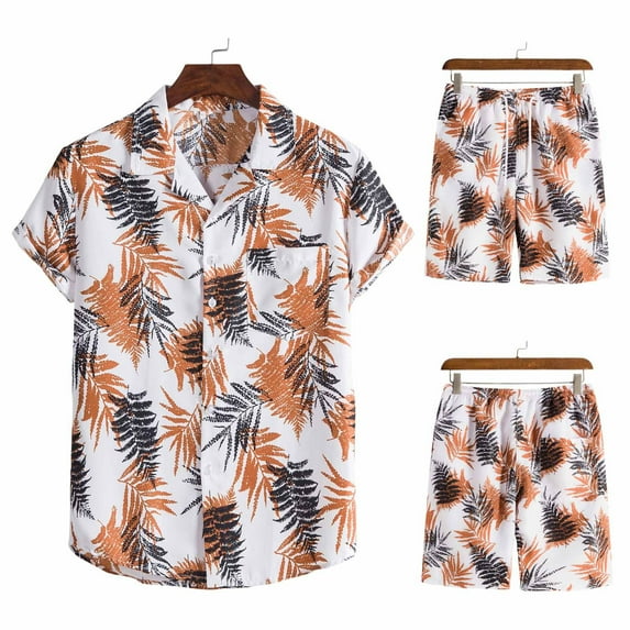 Clearance Rciityk Men's Hawaiian Shirts Casual Button Down Floral Short Sleeve Shirts Set Printed Shorts Beach Tropical Hawaii Vacation Suits Outfits - Fall Savings Clearance