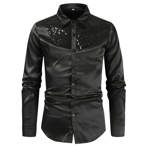 Rciityk Men's Long Sleeve Button Shirt 70s Vintage Cocktail Sequins Glitter Prom Shirts Casual Slim Turn Down Nightclub Shirts