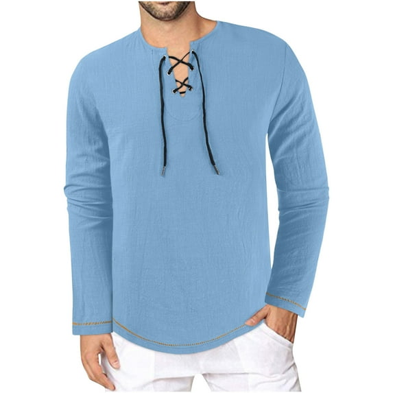 Rciityk Men's Long Sleeve Shirts Casual Lace Up Crew Neck Blouses Fall Fashion Solid Pullover Top