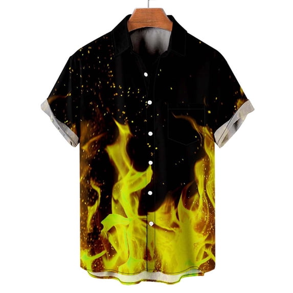 Rciityk Men's Novelty Short Sleeve Button Shirts Magics Flame Pattern Summer Hawaiian Shirt Casual Loose Tops with Pockets