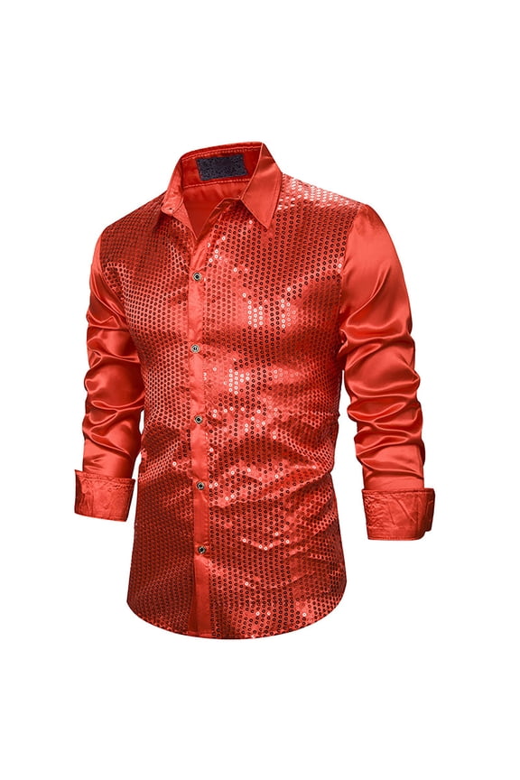 Mens Sequins Long Sleeve Shirt Casual Turn Down Button Cocktail Shirts 70s Vintage Nightclub Prom Shirts