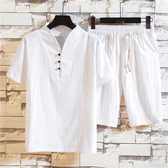 Rciityk Mens Short Sets 2 Piece Outfits Summer Casual Beach Vacation Outfits Cotton Linen V Neck Button T Shirts and Drawstring Elastic Wais Shorts Set