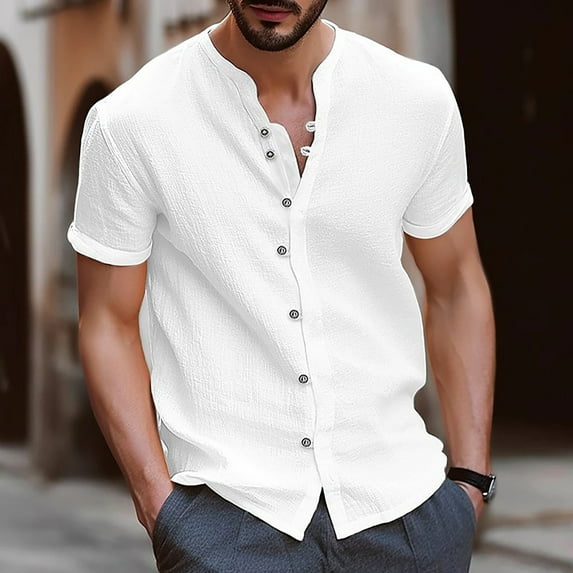 Clearance Rciityk Mens Short Sleeve Top Cotton Linen T Shirts Beach Solid Short Sleeve Shirts V-neck Button Closure Tops Blouse - Spring/Summer Savings Clearance