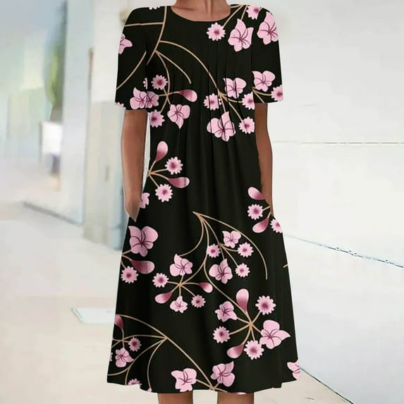 Rciityk Midi Dresses for Women Casual Loose Printed T-Shirt Swings Dress Summer Flowy Vacation Beach Dress with Pockets