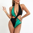 thumbnail image 1 of Rciityk Ones Piece Halters Swimsuits for Women Tummys control High Cut Bathing Suit Color Block Cutout V Neck High Waisted Swimwear, 1 of 4