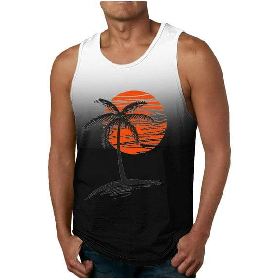 Rciityk Palm Tree Tanks Top for Mens Summer Gradient Print Round Neck Sleeveless Shirts Beach Vacation Muscle Shirt for Workout