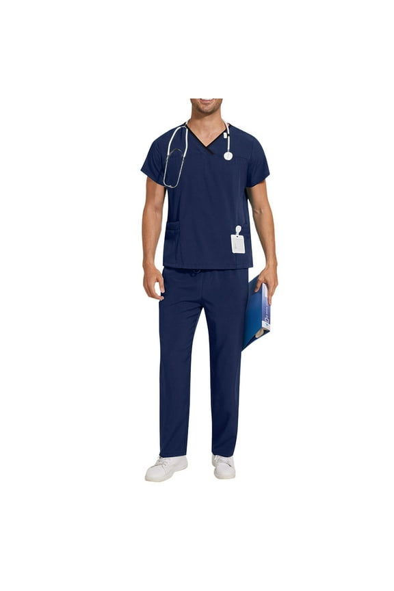 Scrub for Men Set Medicals Uniform Scrub Top and Pants Solid Color Four Season Comfort Fits Scrub Set with Pockets