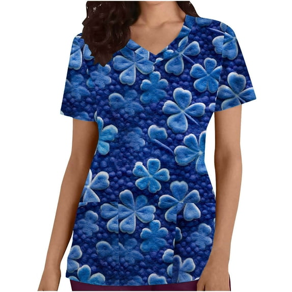 Rciityk Scrub Tops for Women Casual Short Sleeve Working Uniform V-Neck Printed Scrub T Shirts Summer Nursing Scrub Shirts with Pockets