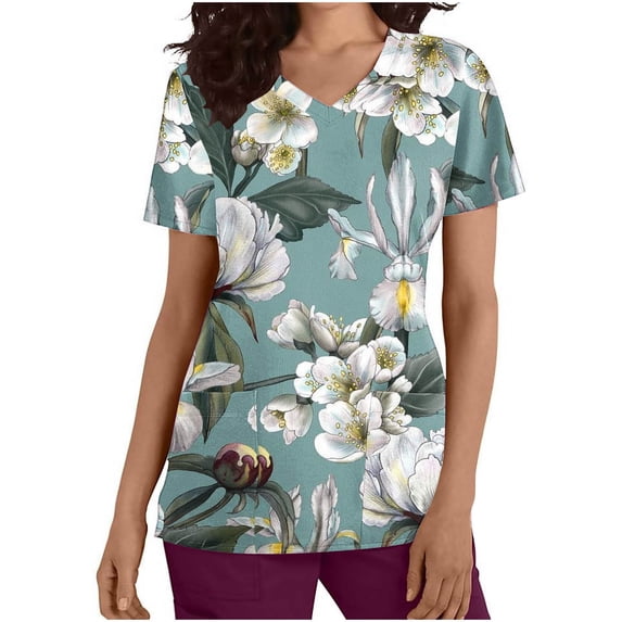 Clearance Rciityk Scrub Tops for Women Casual Short Sleeve Working Uniform V-Neck Printed Scrub T Shirts Summer Nursing Scrub Shirts with Pockets - Spring/Summer Savings Clearance