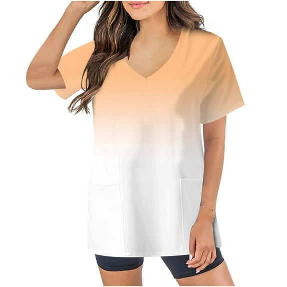 Rciityk Scrub for Women 2024 Stretch Scrub Top Summer Gradient Color Short Sleeve Workwear Professionals Uniforms with Pockets