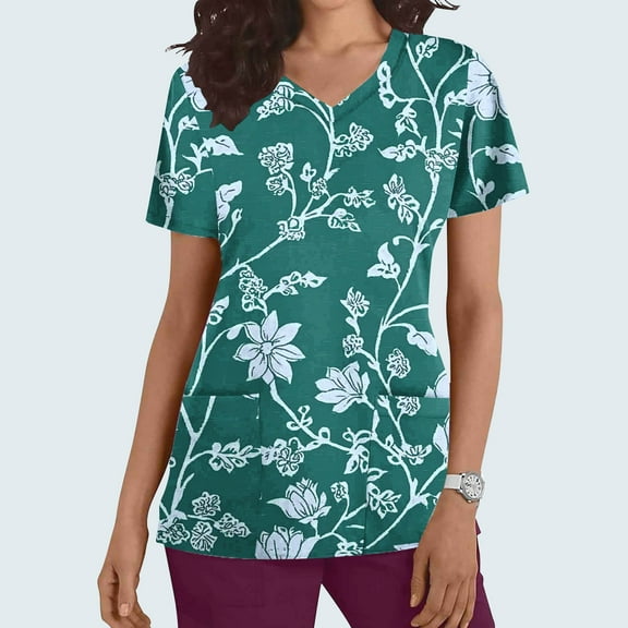 Rciityk Scrub for Women Tops Casual V-Neck Nursing Uniform T Shirt Summer Floral Printed Short Sleeve Workwear Medicals Blouse with Pocket