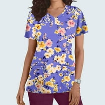 Rciityk Scrub for Women Tops Casual V-Neck Nursing Uniform T Shirt Summer Floral Printed Short Sleeve Workwear Medicals Blouse with Pocket