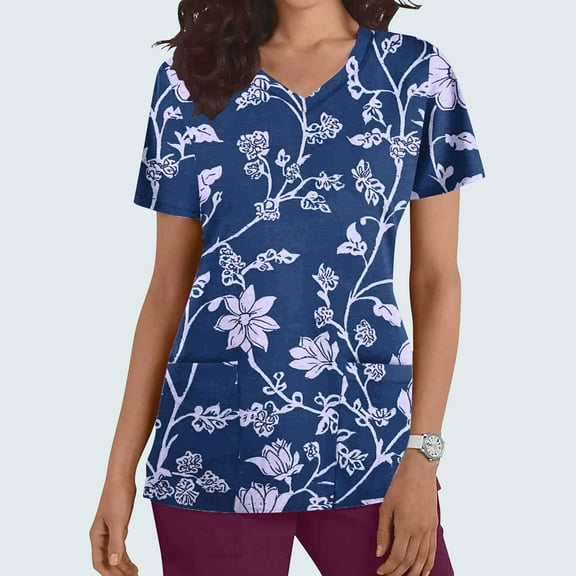 Rciityk Scrub for Women Tops Casual V-Neck Nursing Uniform T Shirt Summer Floral Printed Short Sleeve Workwear Medicals Blouse with Pocket