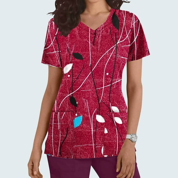 Rciityk Scrub for Women Tops Casual V-Neck Nursing Uniform T Shirt Summer Floral Printed Short Sleeve Workwear Medicals Blouse with Pocket