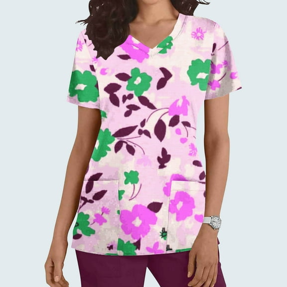 Rciityk Scrub for Women Tops Casual V-Neck Nursing Uniform T Shirt Summer Floral Printed Short Sleeve Workwear Medicals Blouse with Pocket