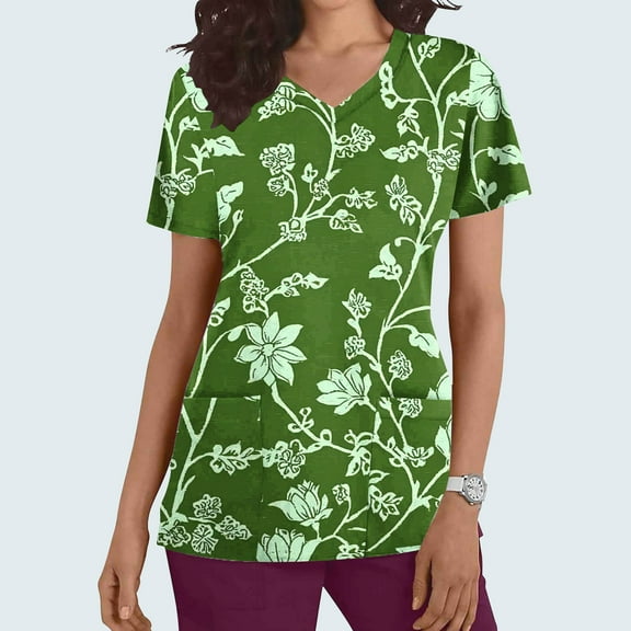 Rciityk Scrub for Women Tops Casual V-Neck Nursing Uniform T Shirt Summer Floral Printed Short Sleeve Workwear Medicals Blouse with Pocket