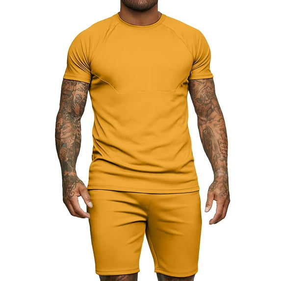 Clearance Rciityk Shirt and Shorts Set for Men Summer Tracksuit 2 Piece Outfits Leisure patchwork color Round Neck Short Sleeve T-shirt and Elastic Waist Shorts Set - Spring/Summer Savings Clearance