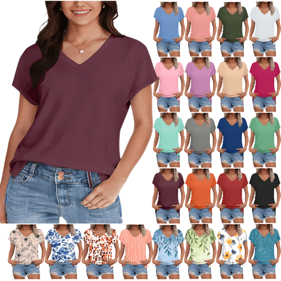 Rciityk Short Sleeve Shirts for Women Solid Color Summer V Neck T-shirts Casual Loose Lightweight Soft Womens Shirts, Wine L