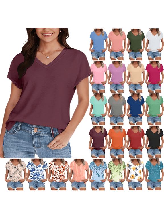 Short Sleeve Shirts for Women Solid Color Summer V Neck T-shirts Casual Loose Lightweight Soft Womens Shirts, Wine L