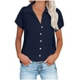 thumbnail image 1 of Rciityk Short Sleeve Shirts for Women Summer Basic Button Up Blouses Dressy Solid Color Casual V Neck T-Shirts, Navy L, 1 of 7