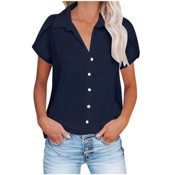 Rciityk Short Sleeve Shirts for Women Summer Basic Button Up Blouses Dressy Solid Color Casual V Neck T-Shirts, Navy L