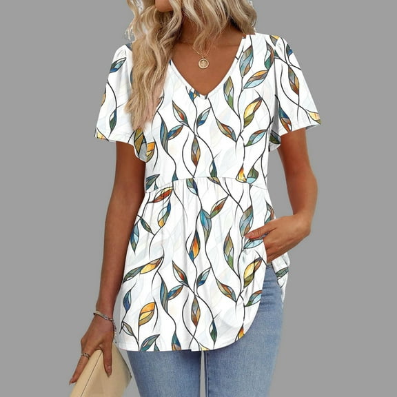 Rciityk Short Sleeve Shirts for Women Summer V Neck T-shirts Casual Loose Floral Printed Pleated Dress Tunic Tops
