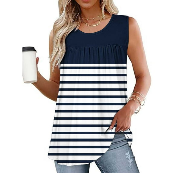 Rciityk Summer Womens Tank Tops Casual Stripe Print Crew Neck Sleeveless Blouse Trendy Pleated Dressy Tunic Shirts