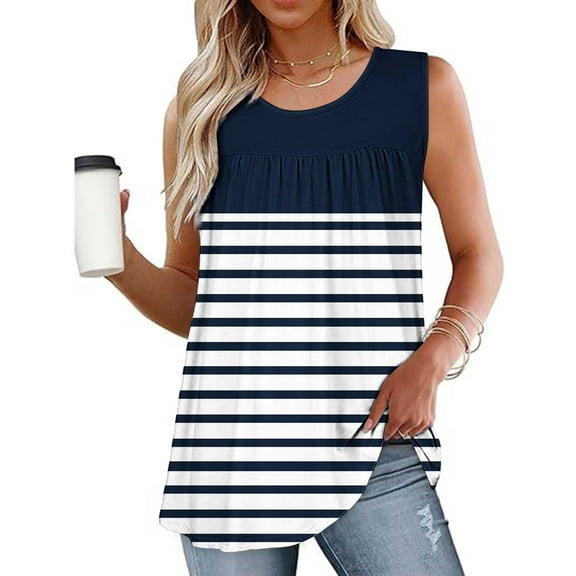 Rciityk Summer Womens Tank Tops Casual Stripe Print Crew Neck Sleeveless Blouse Trendy Pleated Dressy Tunic Shirts
