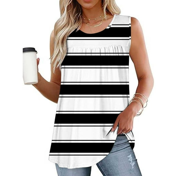 Rciityk Summer Womens Tank Tops Casual Stripe Print Crew Neck Sleeveless Blouse Trendy Pleated Dressy Tunic Shirts