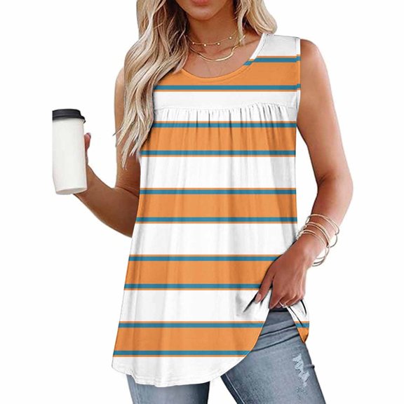 Rciityk Summer Womens Tank Tops Casual Stripe Print Crew Neck Sleeveless Blouse Trendy Pleated Dressy Tunic Shirts