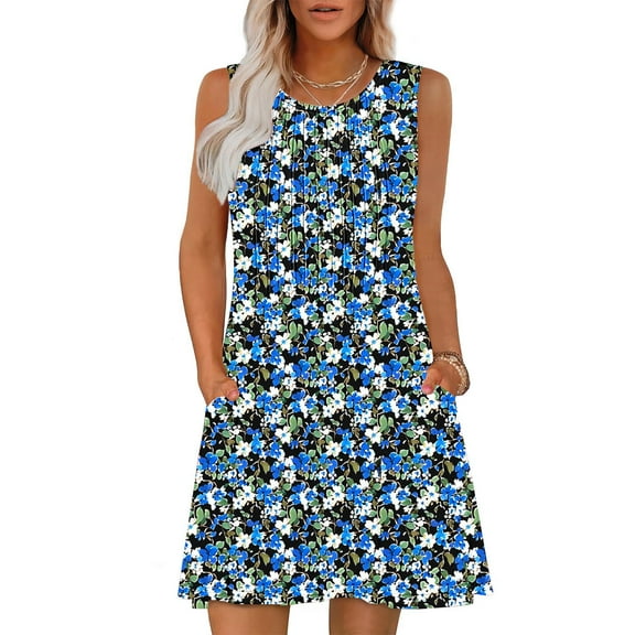 Rciityk Sundresses for Women Summer Crew Neck Tank Dress Beach Boho Mini Dresses Casual Loose Floral Printed Sleeveless Pockets Dress