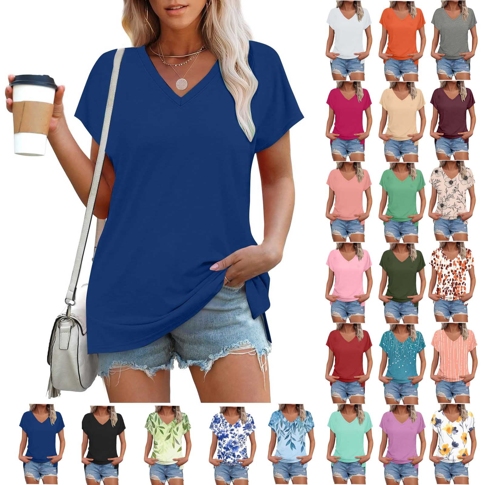 Rciityk V Neck T Shirts for Women Summer Tops Short Sleeve Shirts Solid ...