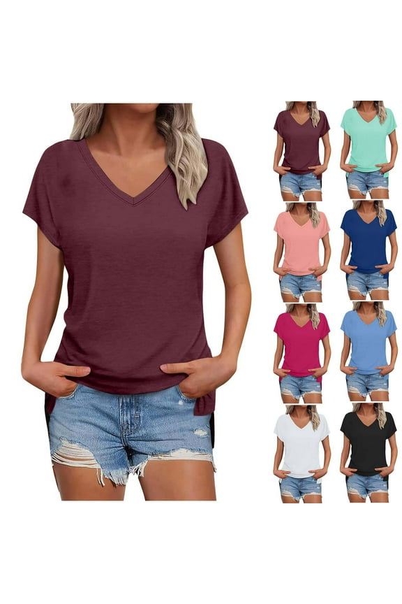 V Neck T Shirts for Women Summer Tops Short Sleeve Shirts Solid Color Casual Loose Classic-Fits Slit Raglan Sleeve T-shirts