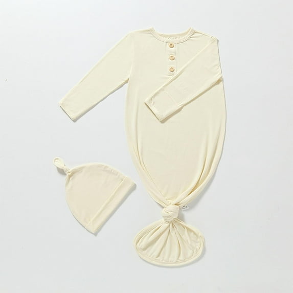 Rciityk White Newborn Baby Boys Girls Knotted Gown Bodysuit Soft Infant Sleeper Romper Baby Long Sleeve Pajamas Gown with Hat 2PC