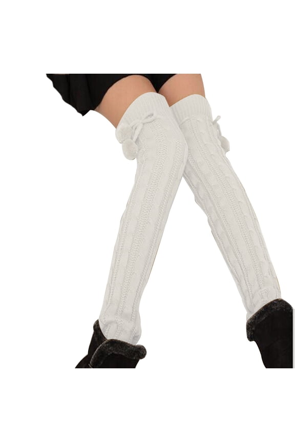 White Women's Knit Thigh High Socks Solid Warm Bow Tie Wool Ball Stockings Over Knee Long Dough Twists Socks