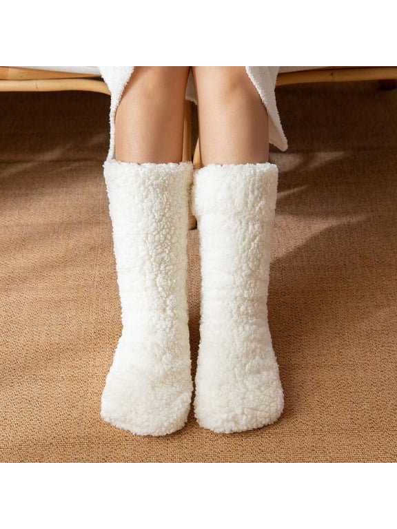 White Women's Slipper Socks Warm Fuzzy Fleece Lined Indoor Floor Socks Winter Knit Thick Crew Sleep thermall Socks