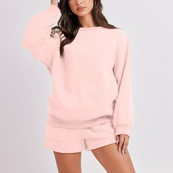 Rciityk Women Suits Two Piece Set Matching Shorts Outfits Sweatsuit Round-Neck Solid Long Sleeve Tops Casual Cozy Tracksuit