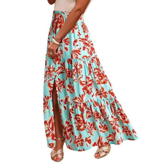 Rciityk Women's Boho Long Skirts Sumemr Floral Print High Elastic Waist Pleated Skirt Loose A-line Vacation Beach Skirt