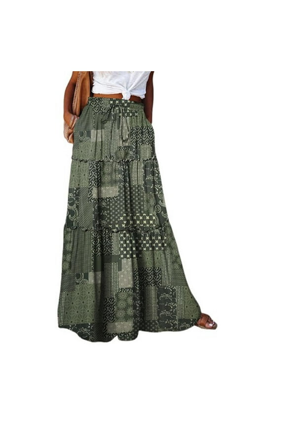 Rciityk Women's Boho Vintage Floral Print Elastic High Waist Pleated A Line Maxi Skirt Summer Casual Vacation Beach Long Skirts