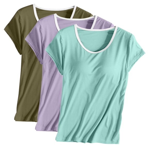 Rciityk Women 's Built-in Bra Padded Short Sleeve T-shirt Summer Casual Yoga Pajamas Top Solid Color Crew Neck Sleepshirt 3PC