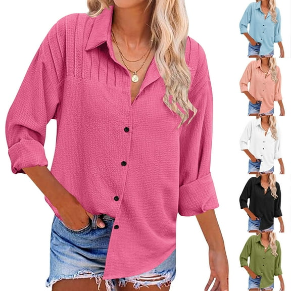 Rciityk Women's Button Up Shirts Fall Casual Pleated Long Sleeve Cardigan Tops Loose Turndown Collar Blouses