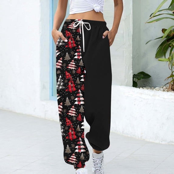 Rciityk Women's Christmas Sweatpants Baggy Christmas Tree Santa Claus Printed High Waisted with Pockets Winter Casual Loose Joggers Trousers