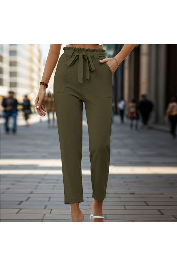 Women's Cropped Paper Bag Waist Pants Casual High Elastic Waist Office Pencil Pants with Pockets