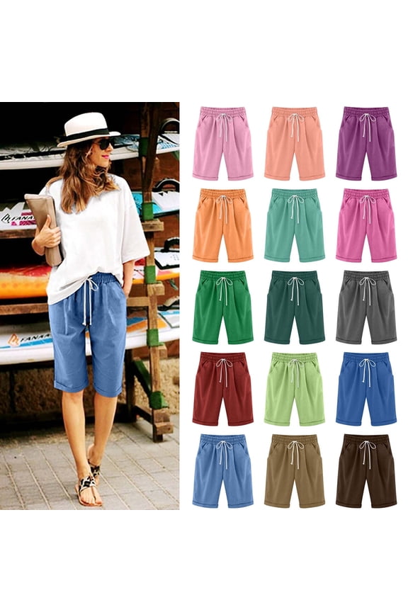 Women's Elastic Waist Shorts Comfy Knee-Length Bermuda Shorts Solid Color Drawstring Short Summer Casual Beach Shorts with Pockets