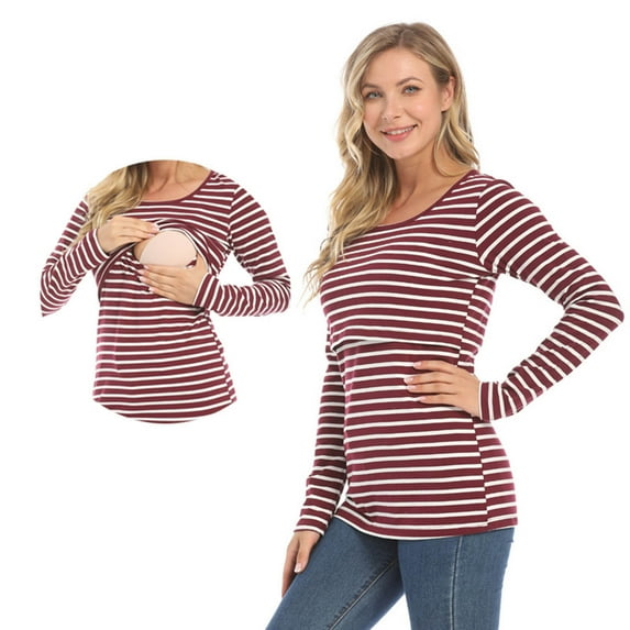 Rciityk Women's Maternity Nursing Tops Long Sleeve Breastfeeding Shirt Fall Casual Crew Neck Striped Postpartum Loungewear